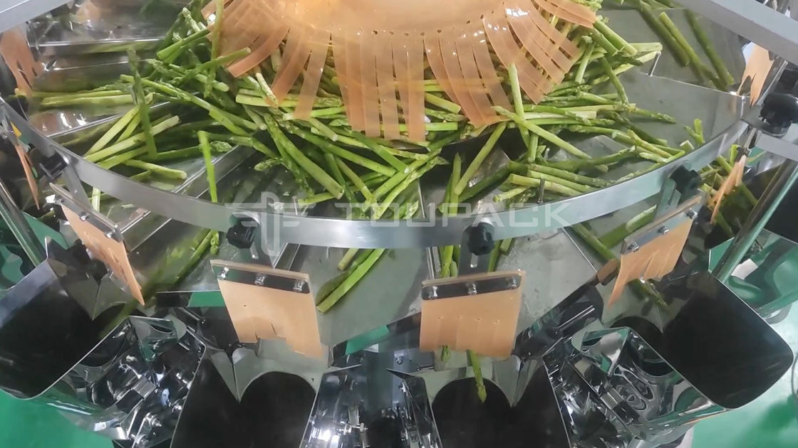 PLC máquina automática de pesaje de embalaje productos de banda larga espárragos 14 cabeza pesadora multi-cabeza