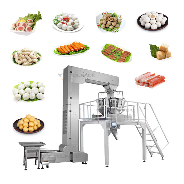Sistema de embalaje automatizado de 30bpm para nuggets de pollo congelado industria alimentaria con pesaje multi-cabeza