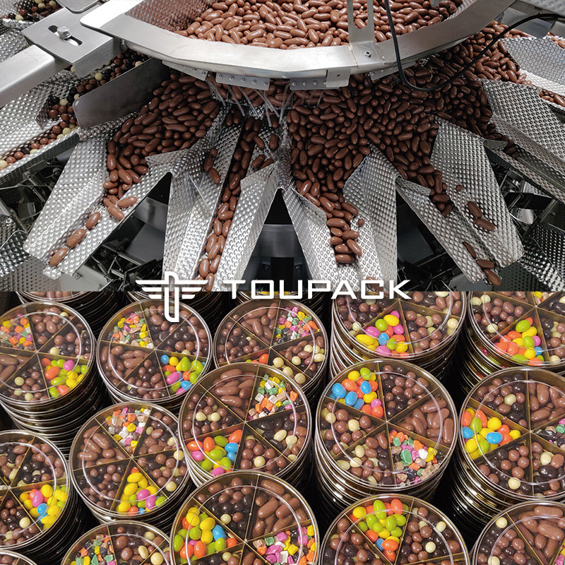 Máquina automática de llenado de botellas de chocolate mezcladas con gránulos de plástico