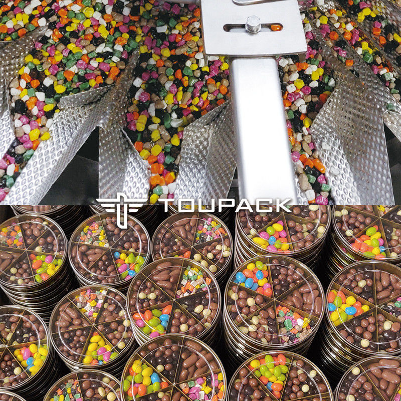 Máquina automática de llenado de embalaje de chocolate mezclado con tapa y etiquetado de la línea de frutos secos máquina de embalaje de bocadillos