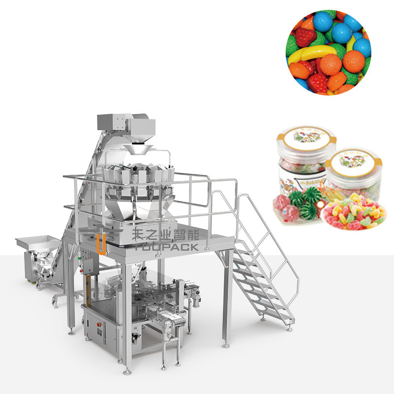 Embalaje automático Caramelo duro Azúcar gomoso Botella redonda Jar de plástico llenando tapa y máquina de embalaje