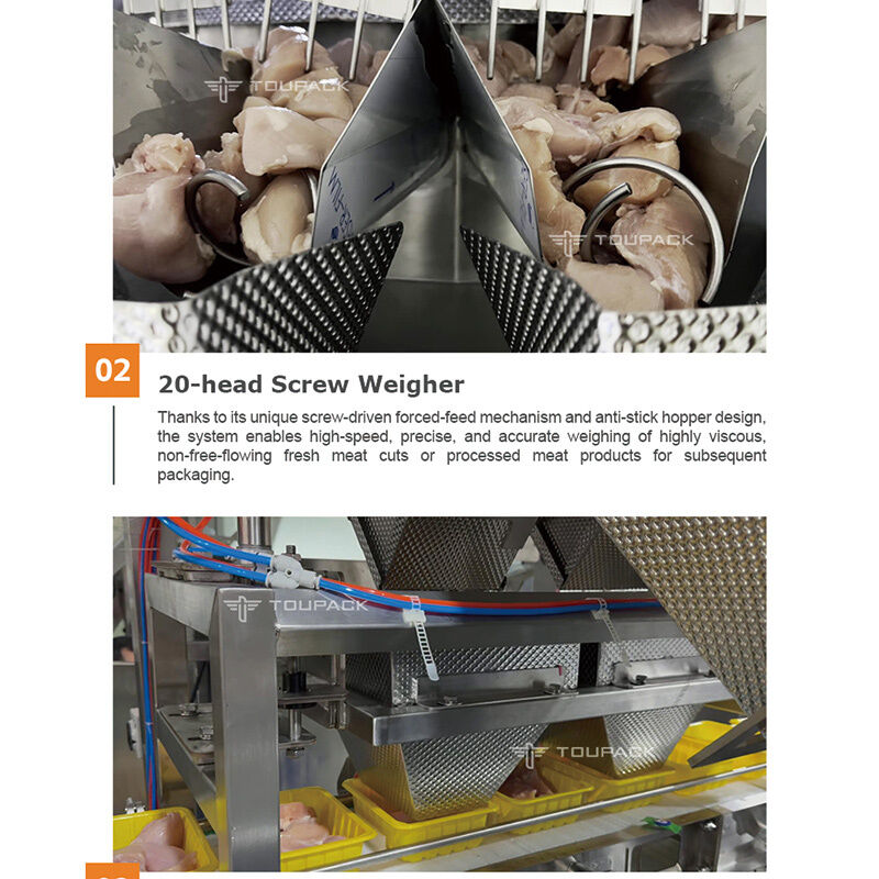 Línea de desinfección y llenado automática de bandejas todo en uno con pesaje multicabeza de tornillo de alta precisión para carne pegajosa