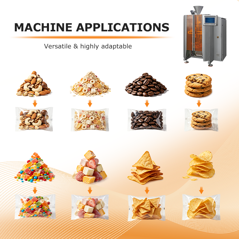 Máquina VFFS de alta velocidad. Solución de embalaje de sello de relleno de forma vertical automática para alimentos y alimentos para mascotas.