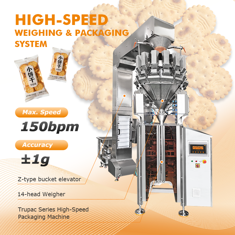 Máquina envasadora vertical de alta velocidad con pesadora multicabezal para snacks, patatas fritas, frutos secos y bolsas de comida para mascotas