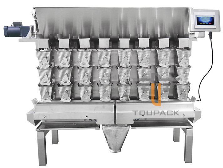 Pesador material pegajoso horizontal de acero inoxidable impermeable de Multihead de 8 cabezas de la velocidad para la comida aceitosa Dimple Plate